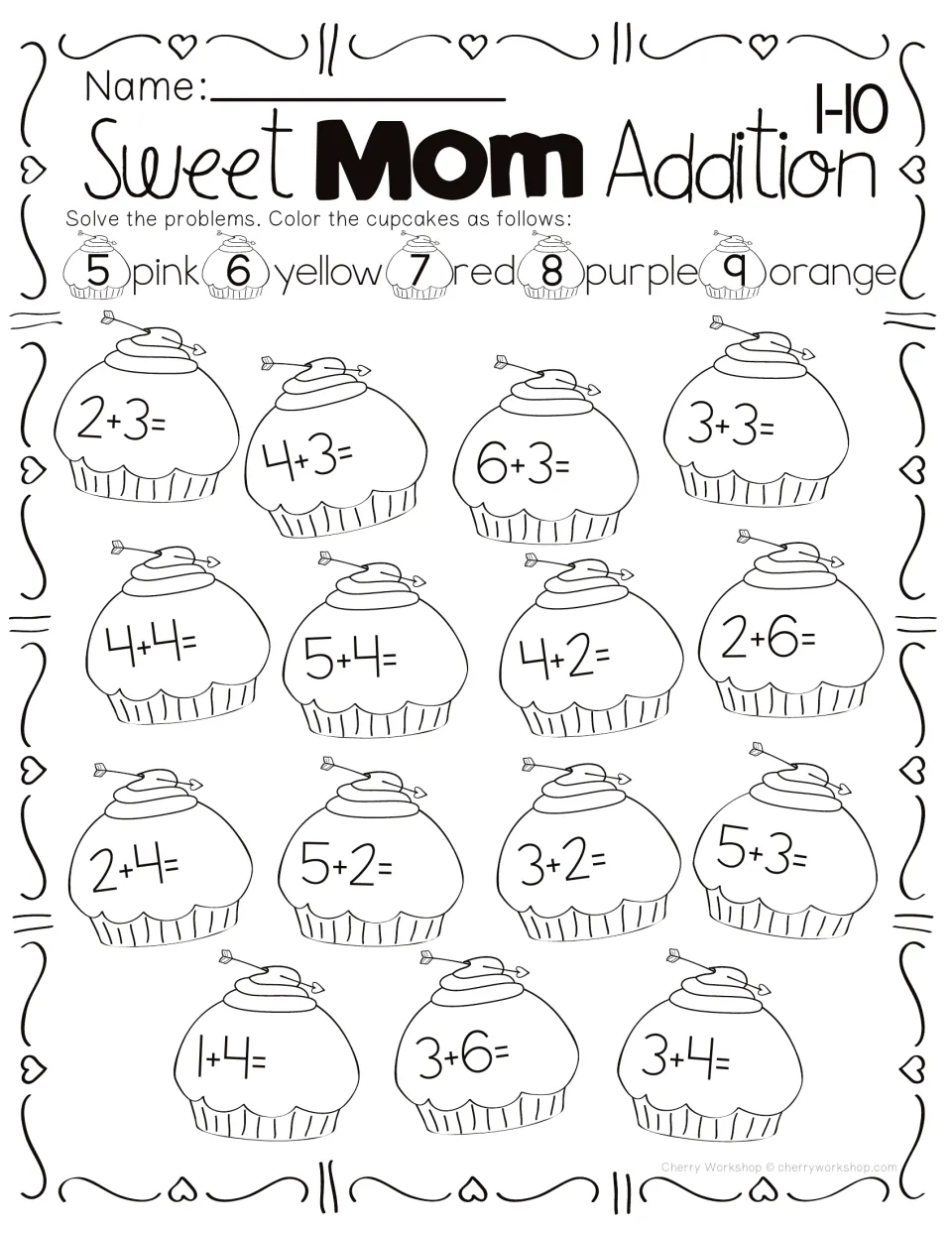 Addition cupcake coloring activity within 10: 15 problems, including 2+3 and 4+3, with colors for sums 5–9
