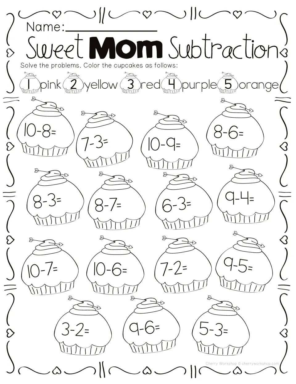 Subtraction cupcake coloring activity within 10: 15 problems, including 10−8 and 7−3, with colors for 1–5