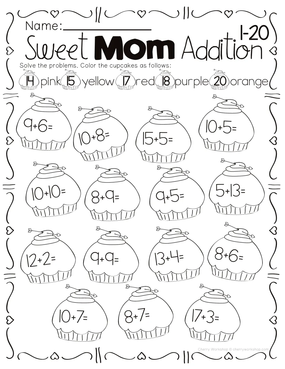 Addition cupcake coloring activity within 20: 15 problems with colors for sums 14, 15, 17, 18, and 20