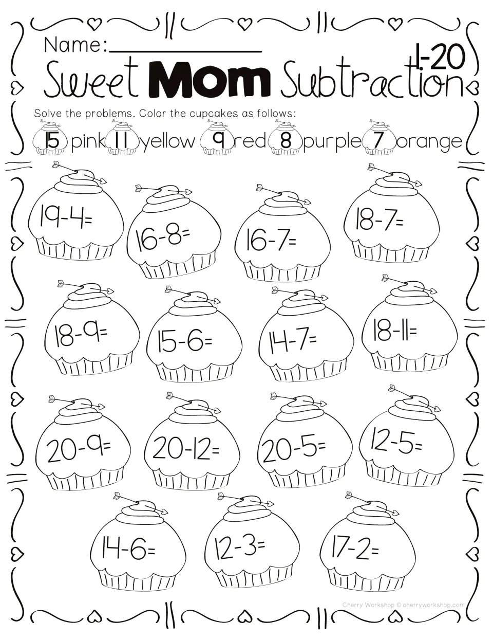 Subtraction cupcake coloring activity within 20: 15 problems with colors for answers 15, 11, 9, 8, and 7