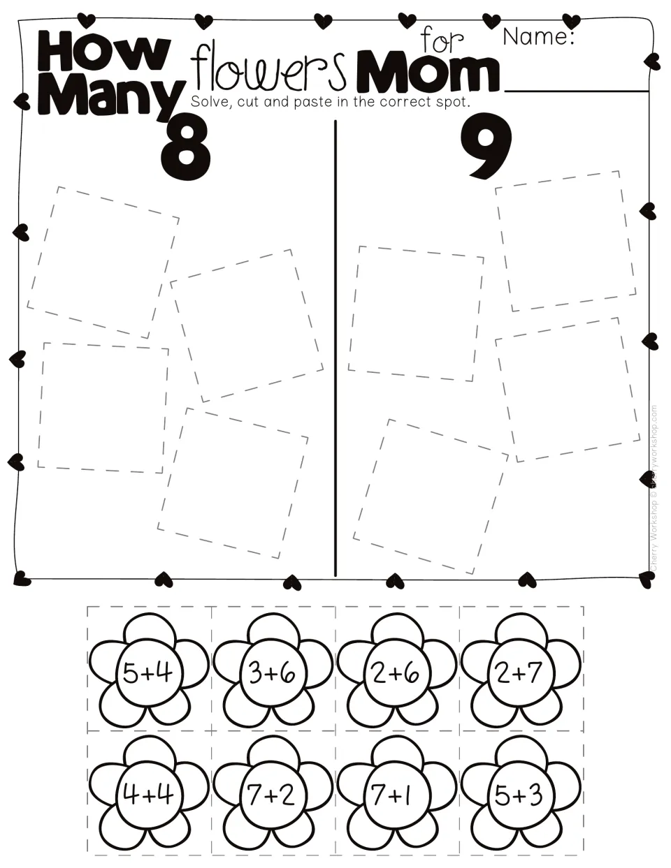 Flower addition cut-and-paste sort: solve eight problems, including 5+4 and 2+6, and match sums to 8 or 9