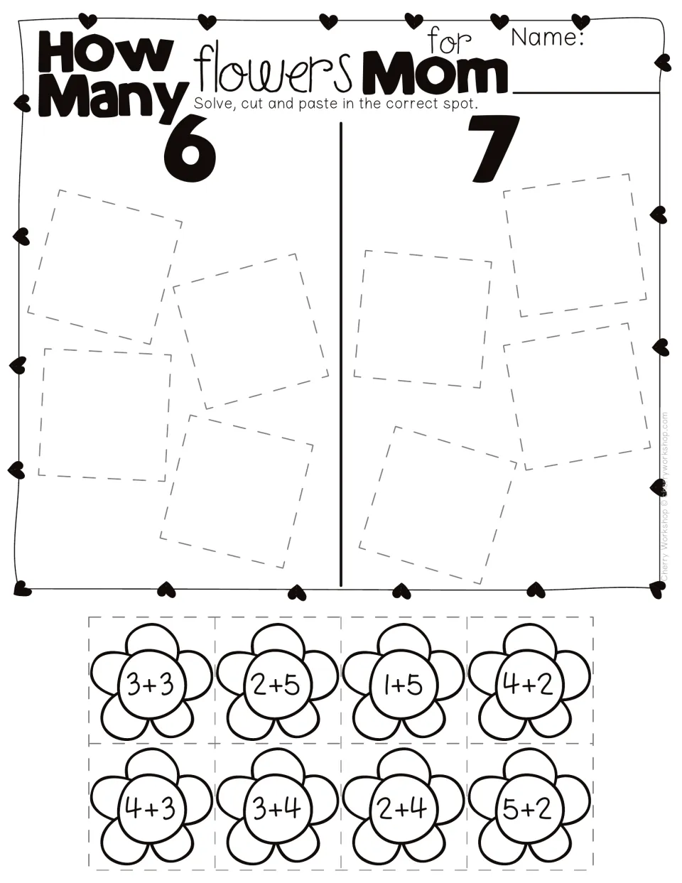 Flower addition cut-and-paste sort: solve eight problems, including 3+3 and 2+5, and match sums to 6 or 7