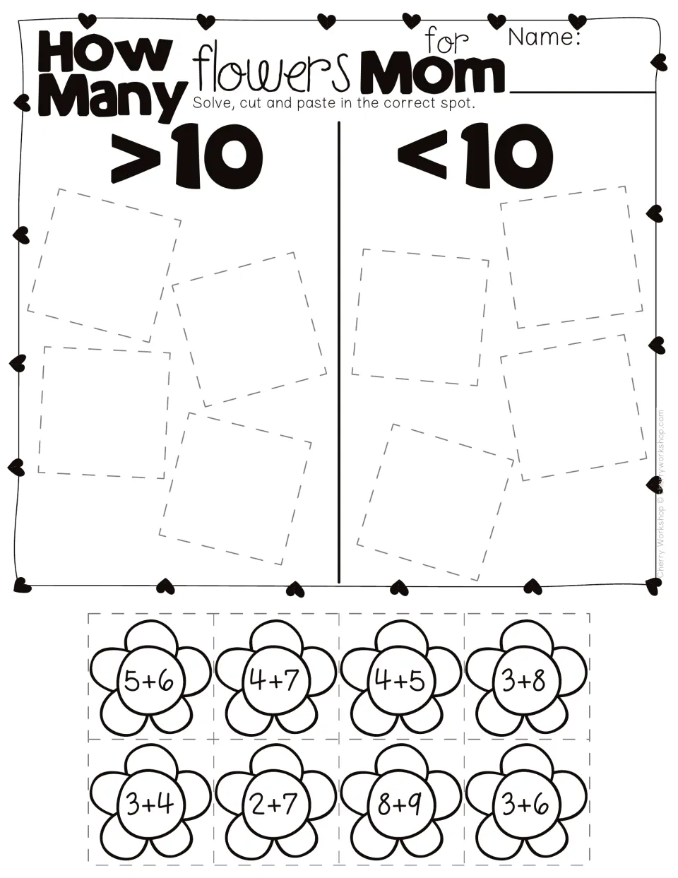 Flower addition cut-and-paste sort: solve eight problems and sort sums as greater than 10 or less than 10