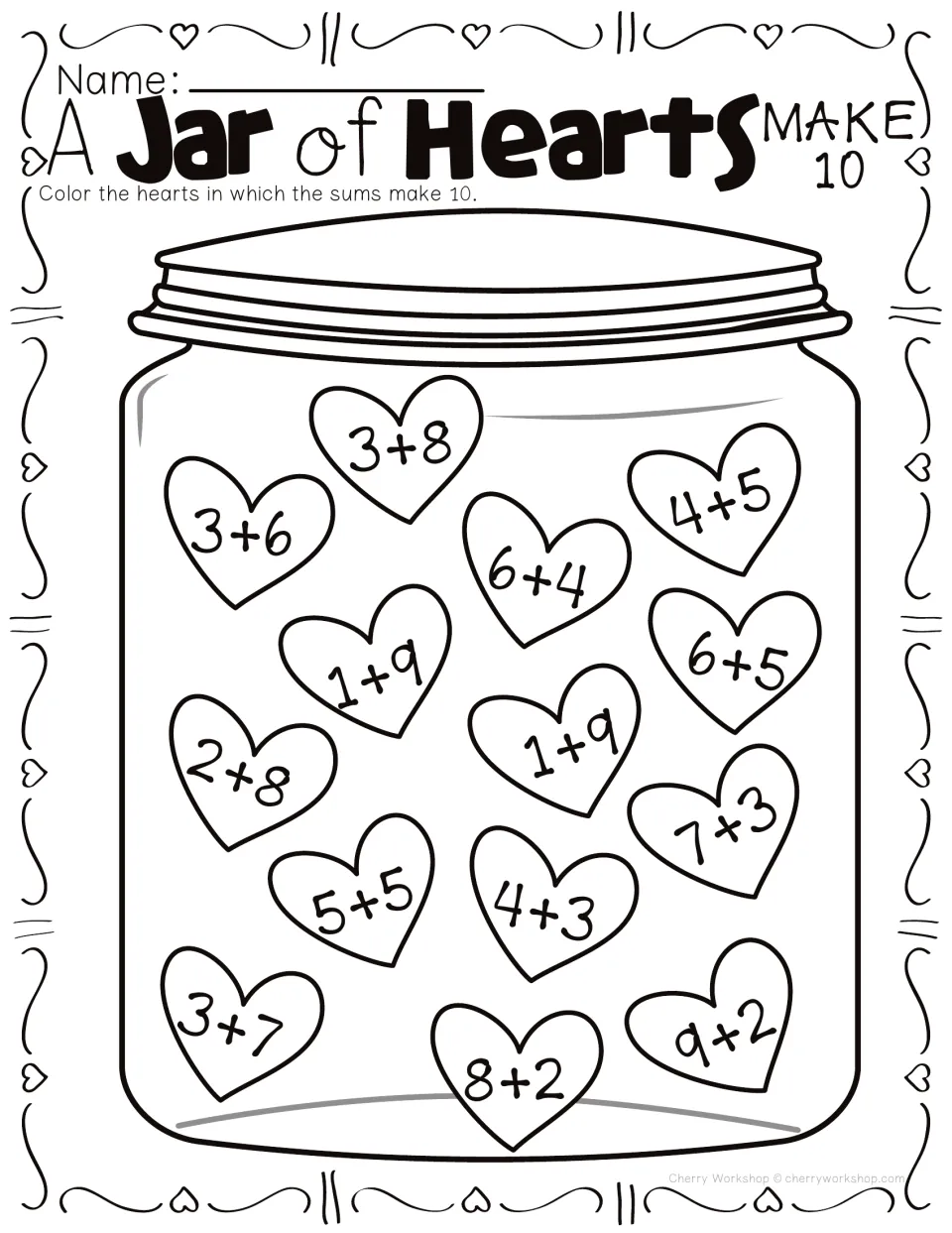 Make-10 heart coloring activity: color hearts whose sums equal 10, including 6+4, 2+8, 5+5, and 7+3