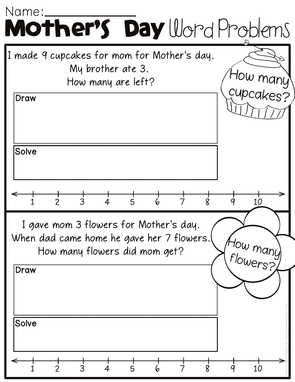 Two Mother's Day word problems: 9 cupcakes minus 3 and 3 flowers plus 7, with drawing and solving prompts