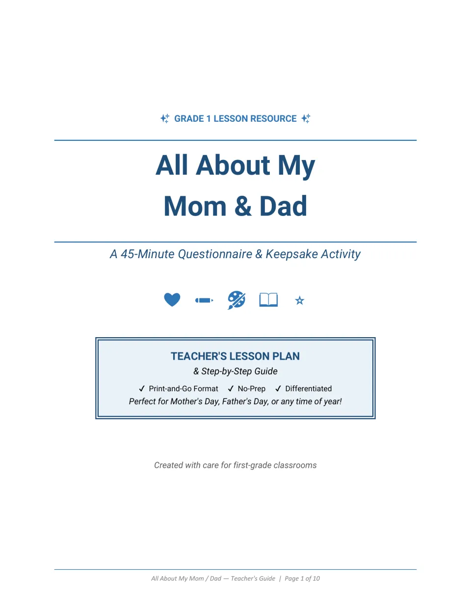 All About My Mom & Dad cover: Grade 1 teacher's lesson plan and step-by-step guide for a 45-minute questionnaire activity