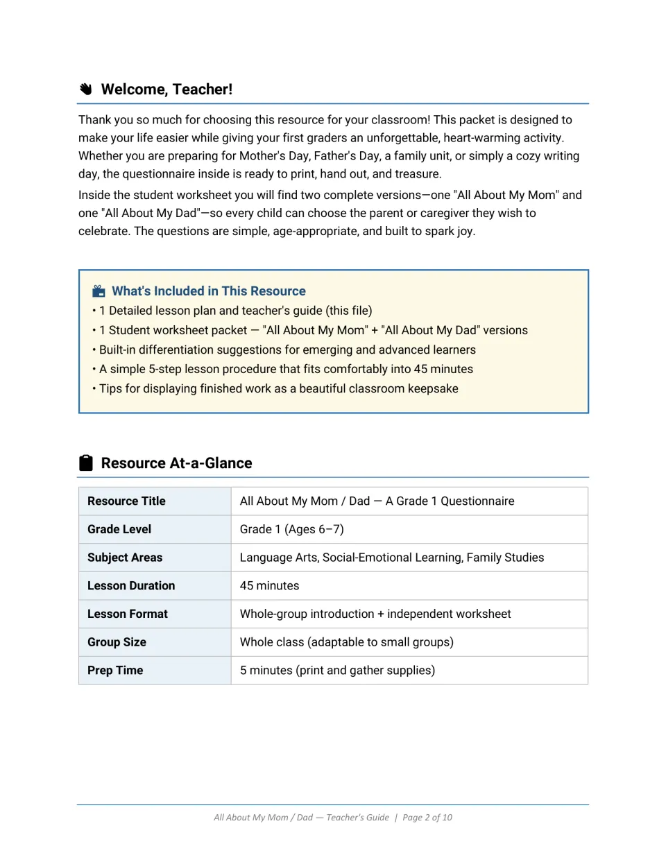 Welcome note and contents list: lesson plan, Mom and Dad worksheet versions, and a summary of grade, duration and prep time
