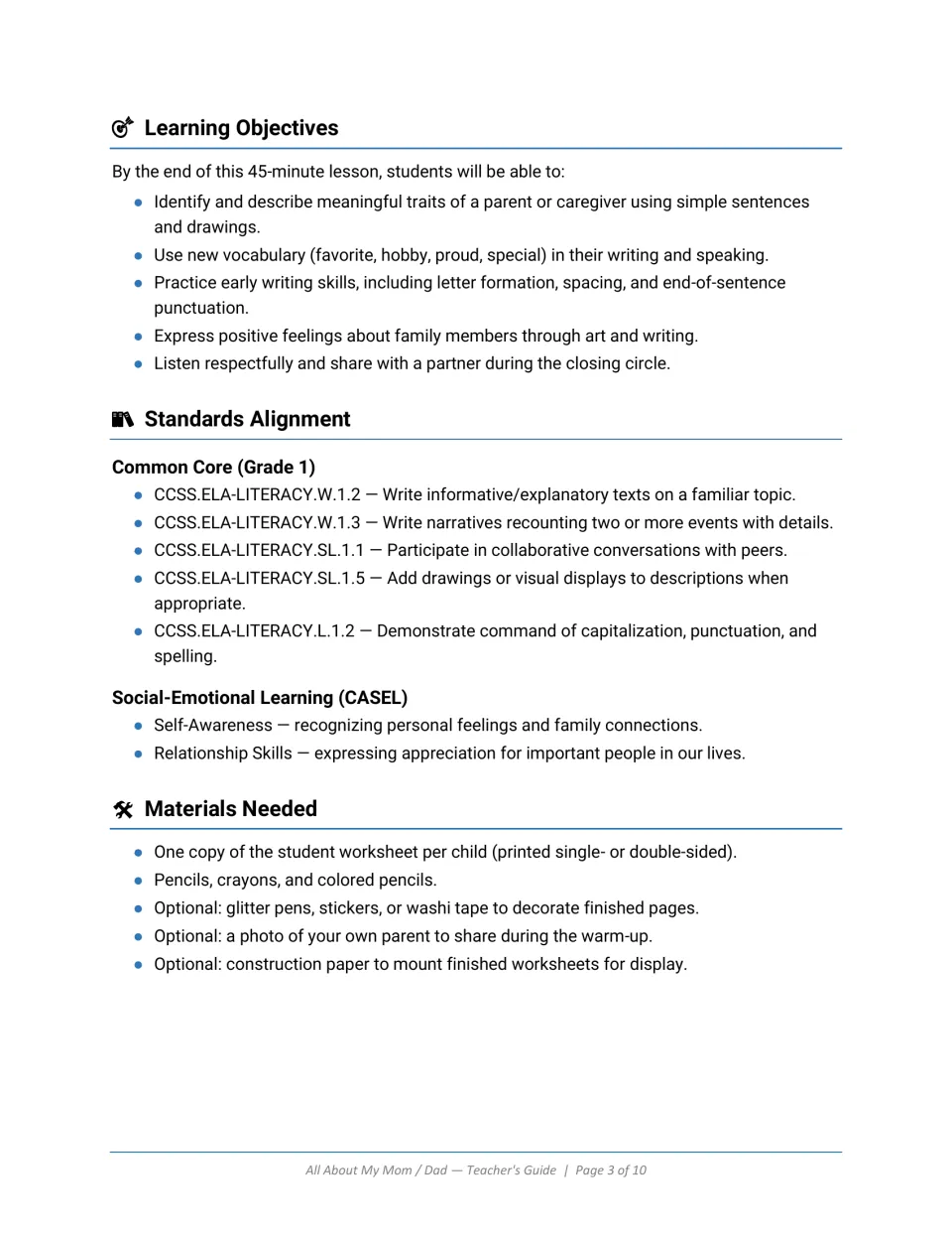 Learning objectives, Common Core and CASEL standards list, and materials needed for writing and drawing about a parent