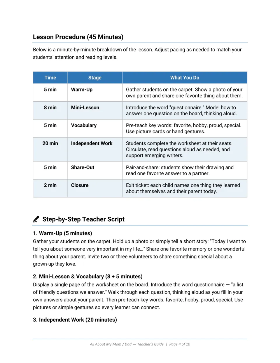 Lesson procedure timing chart from warm-up to exit ticket, then teacher script for the warm-up and vocabulary mini-lesson