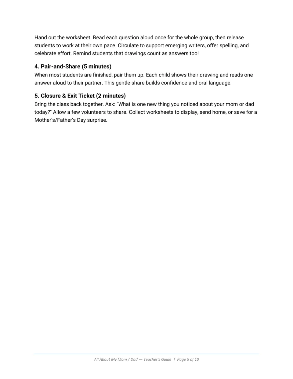 Teacher script continued: steps for independent worksheet time, pair-and-share of drawings, and the exit ticket question