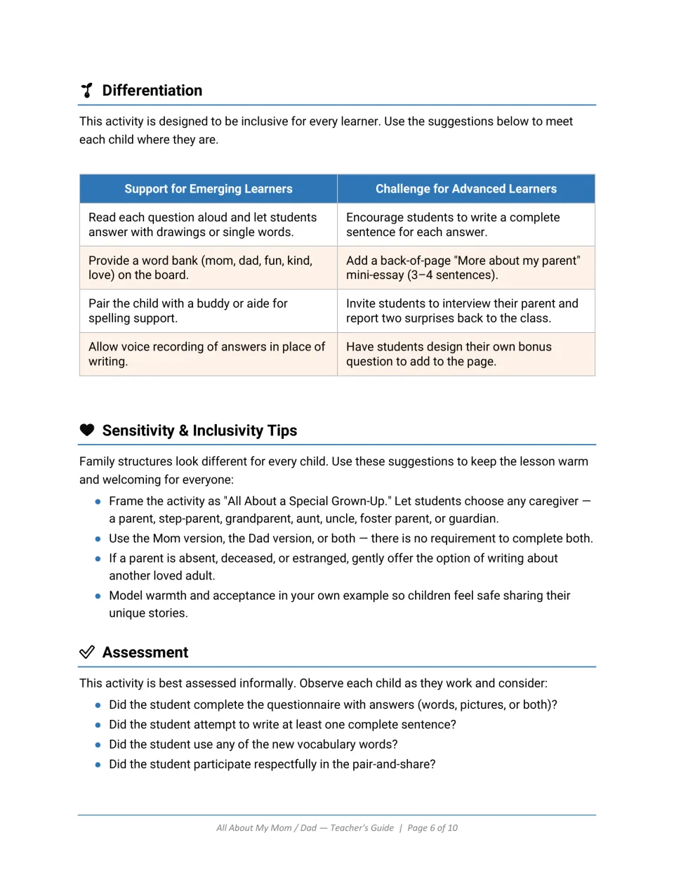 Differentiation for emerging and advanced writers, tips for diverse family structures, and informal assessment questions
