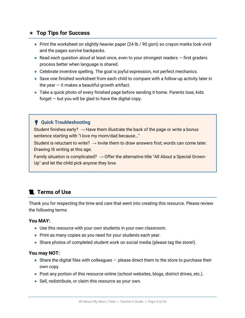 Teacher tips for printing and reading questions aloud, quick troubleshooting for early finishers, and terms of use