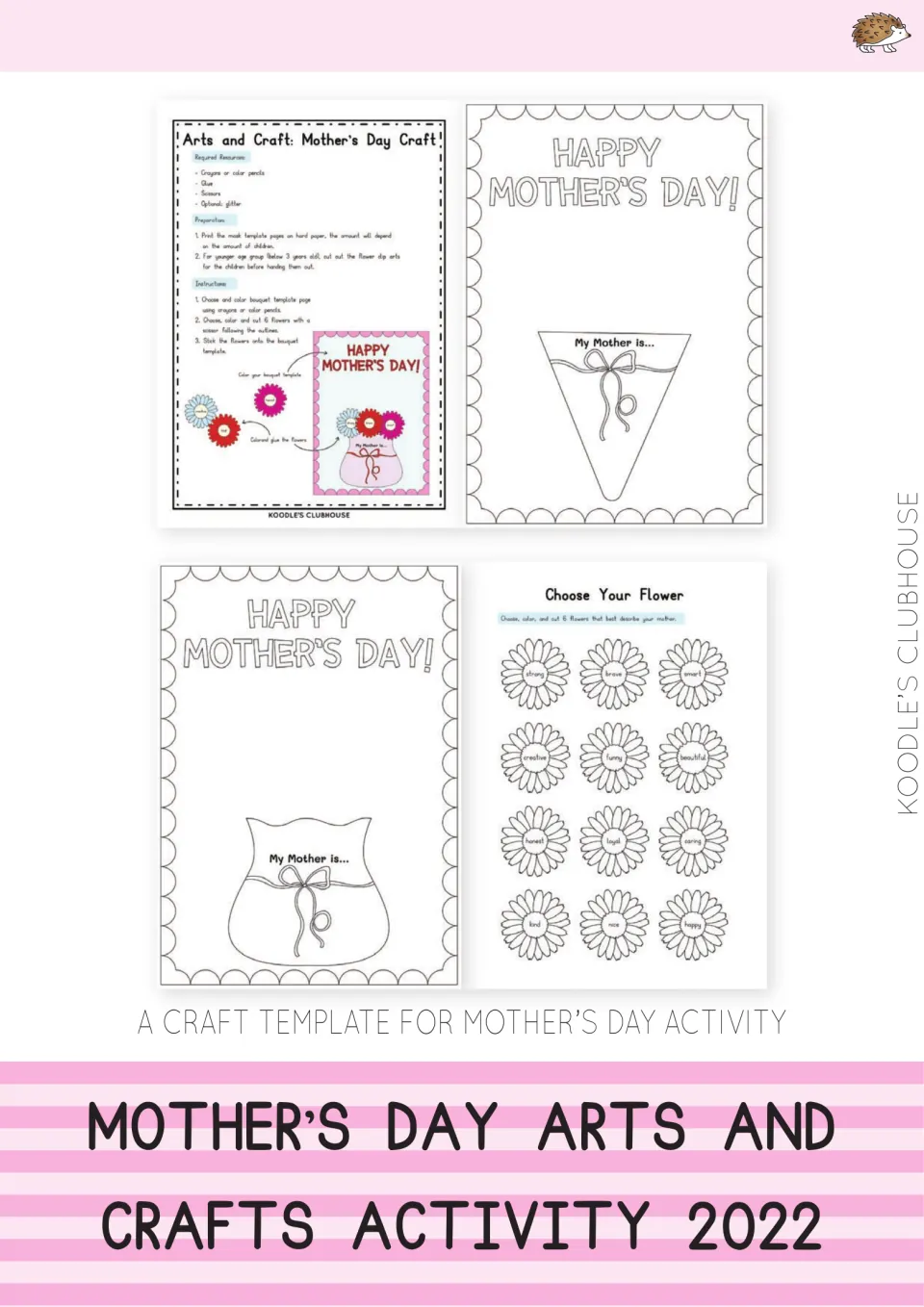 Cover of Mother's Day Arts and Crafts Activity 2022 showing the instruction sheet, two bouquet templates and flower page