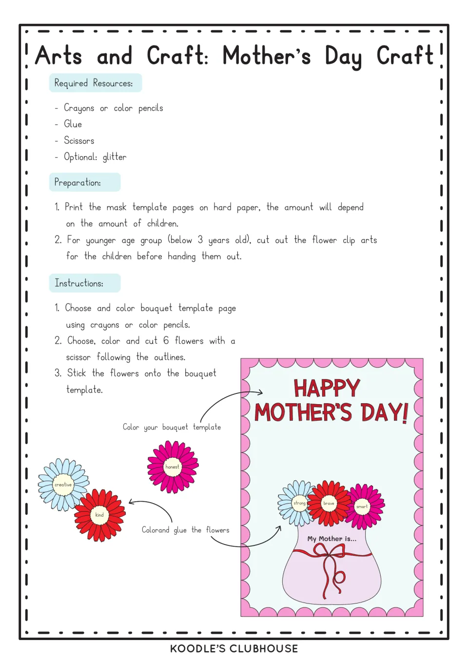 Mother's Day craft instructions: supplies, prep steps and 3 steps to color, cut and glue flowers onto a bouquet