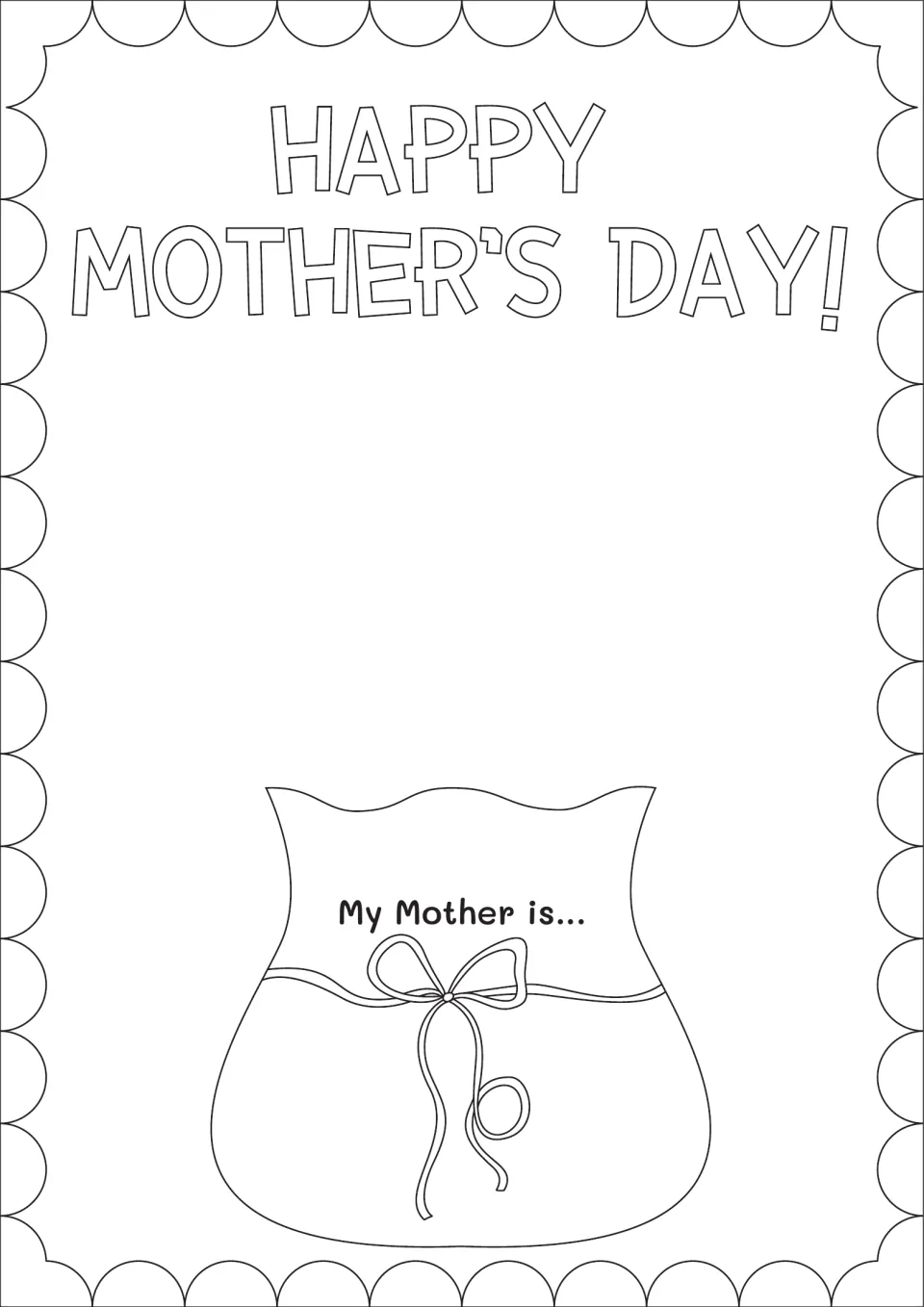 Happy Mother's Day coloring template: students color a rounded vase labeled 'My Mother is...' with a bow to hold flowers