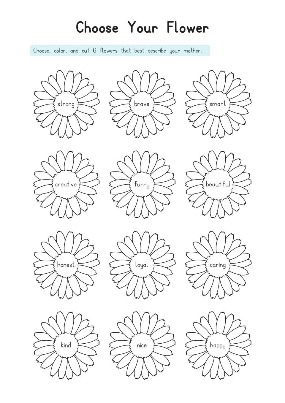 Choose Your Flower: students color and cut 6 of 12 daisies labeled strong, brave, kind, funny and more to describe Mom