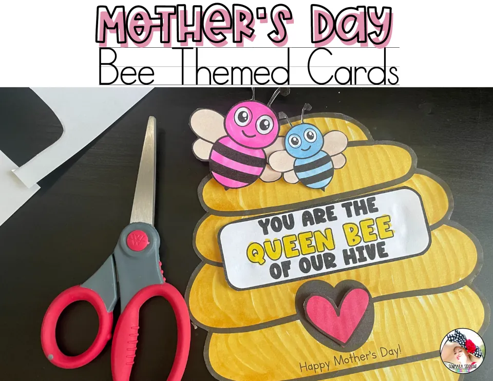 Mother's Day Bee Themed Cards cover: a finished colored beehive card with two bees, a heart and a Queen Bee message