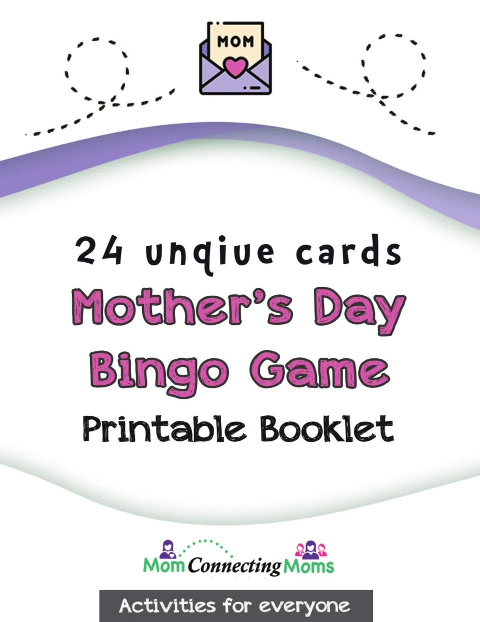 Cover of the Mother's Day bingo booklet, labeled '24 unique cards' and 'Printable Booklet'