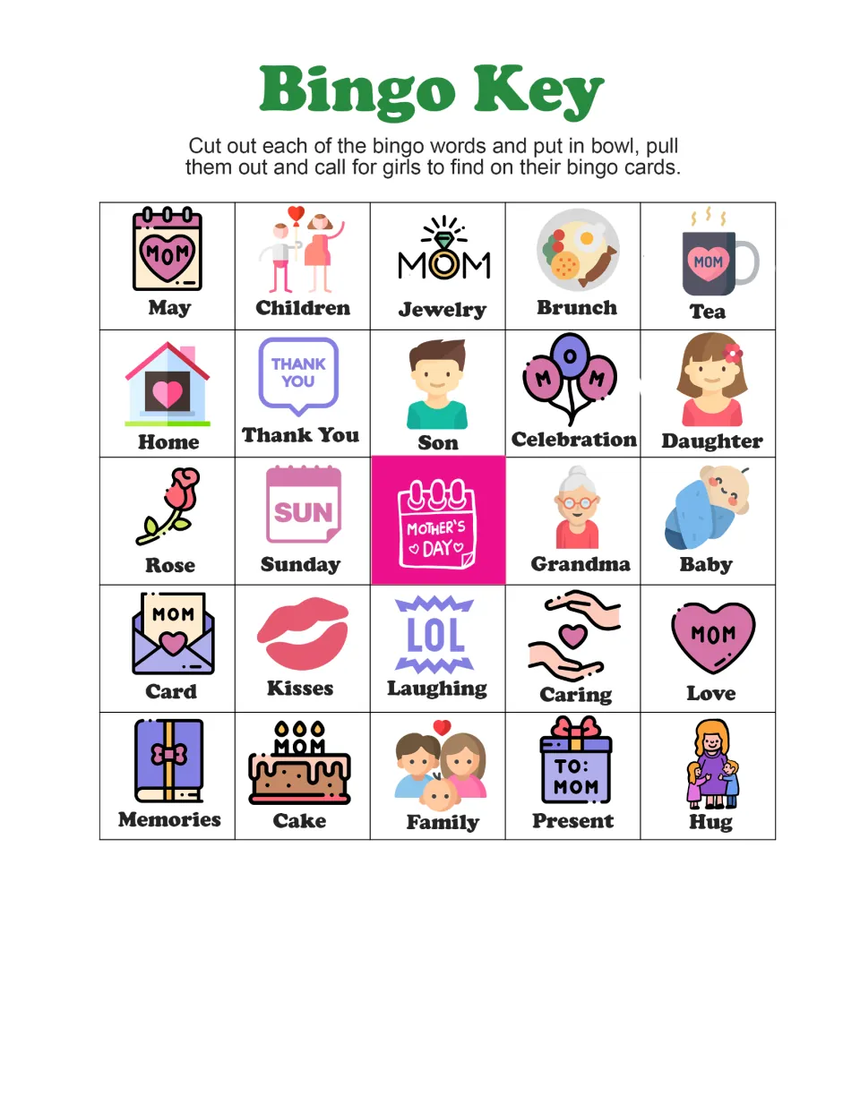 Bingo calling key with illustrated words including May, Children, Jewelry, Brunch, and Tea to cut apart