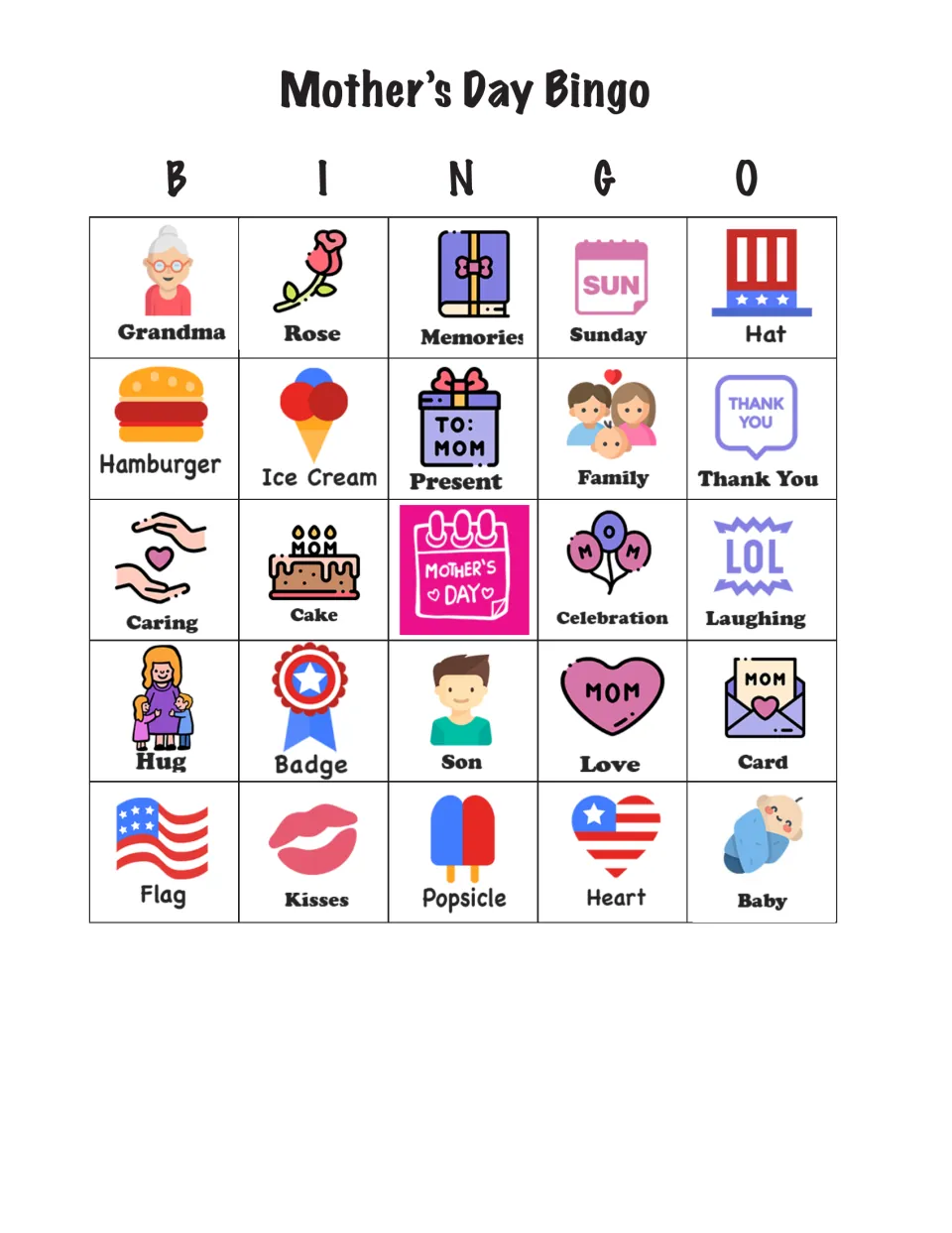 Bingo card 1 of 24 with Grandma, Rose, Memories, Sunday, and Hat across the top and a Mother's Day center