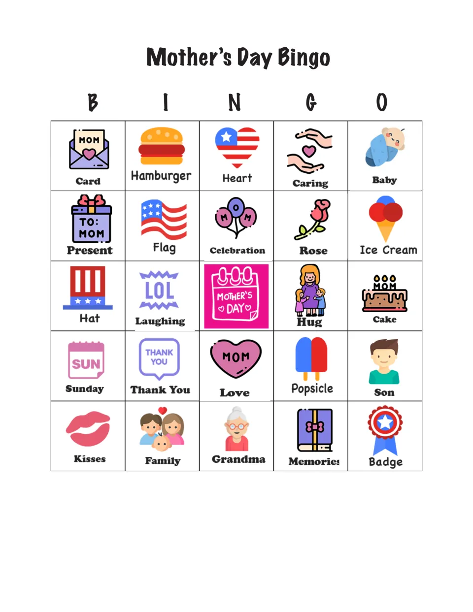 Bingo card 2 of 24 with Card, Hamburger, Heart, Caring, and Baby across the top and a Mother's Day center