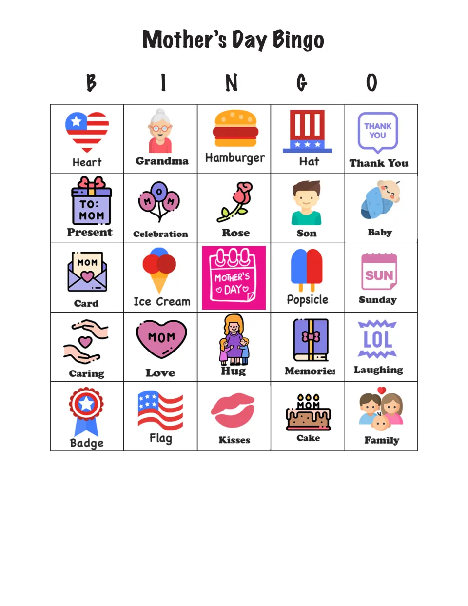 Bingo card 3 of 24 with Heart, Grandma, Hamburger, Hat, and Thank You across the top