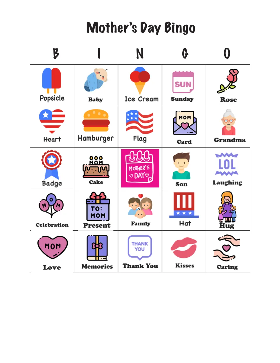 Bingo card 4 of 24 with Popsicle, Baby, Ice Cream, Sunday, and Rose across the top