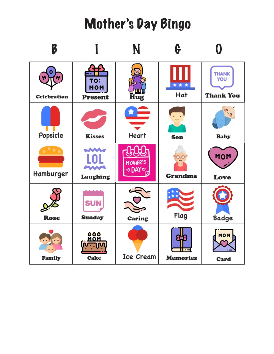 Bingo card 5 of 24 with Celebration, Present, Hug, Hat, and Thank You across the top
