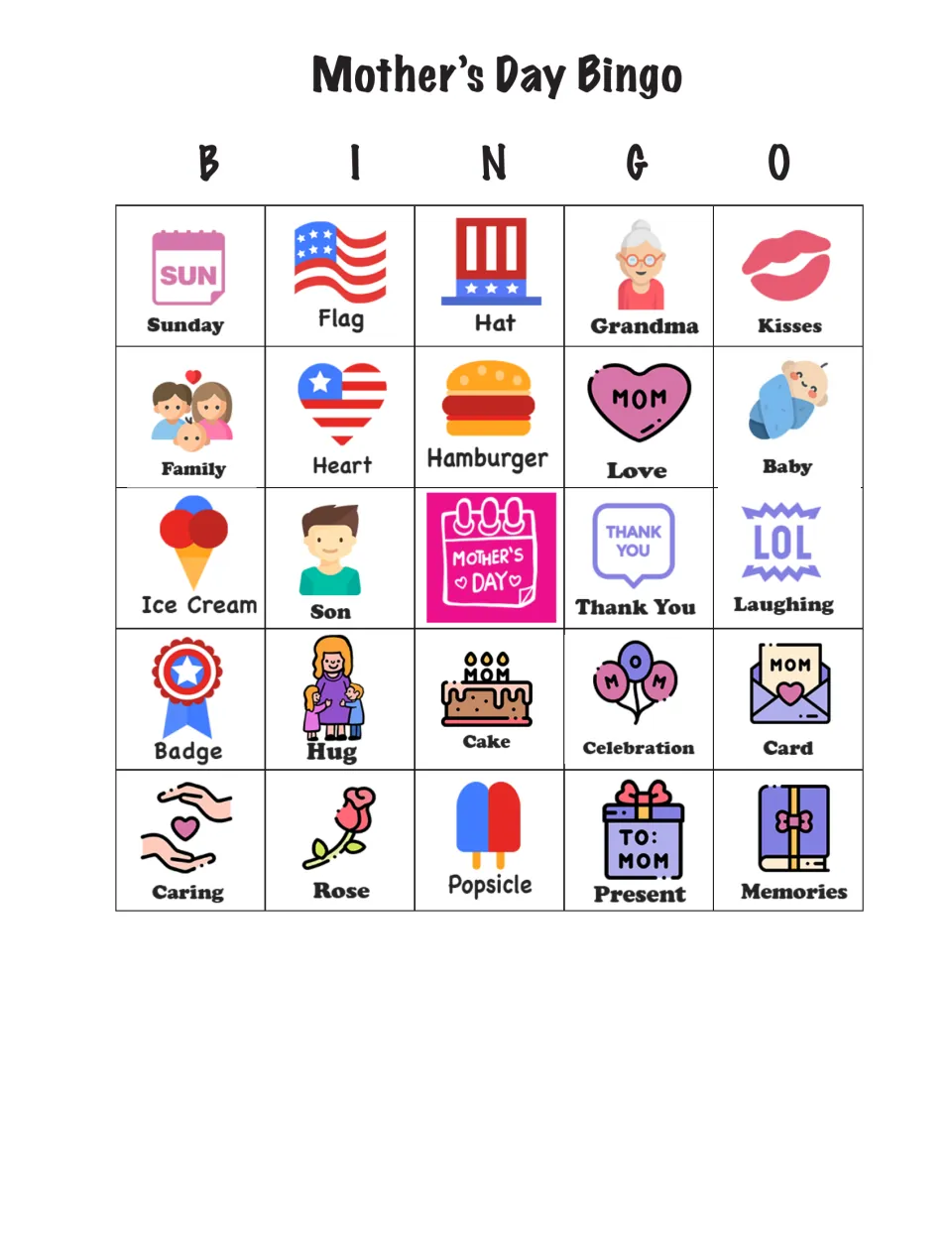 Bingo card 6 of 24 with Sunday, Flag, Hat, Grandma, and Kisses across the top and a Mother's Day center