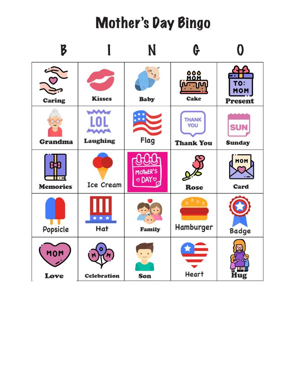 Bingo card 7 of 24 with Caring, Kisses, Baby, Cake, and Present across the top and a Mother's Day center
