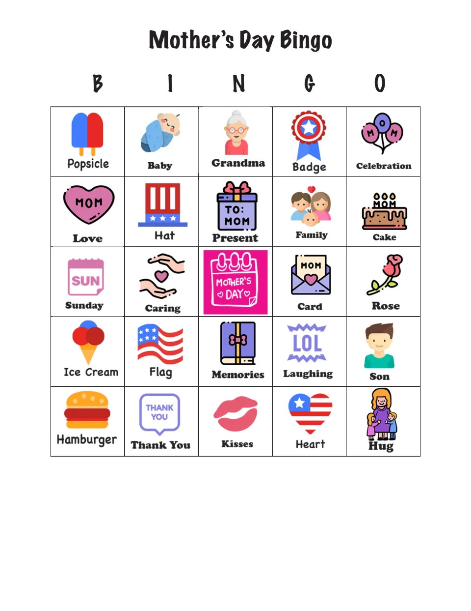 Bingo card 8 of 24 with Popsicle, Baby, Grandma, Badge, and Celebration across the top