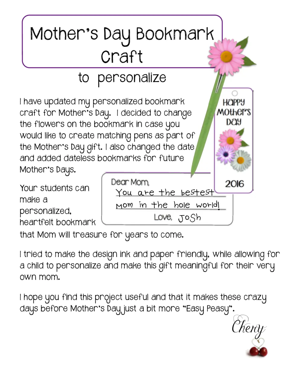Mother's Day Bookmark Craft cover: a flowered 2016 bookmark, matching pen and a sample note to Mom signed by a child, Josh