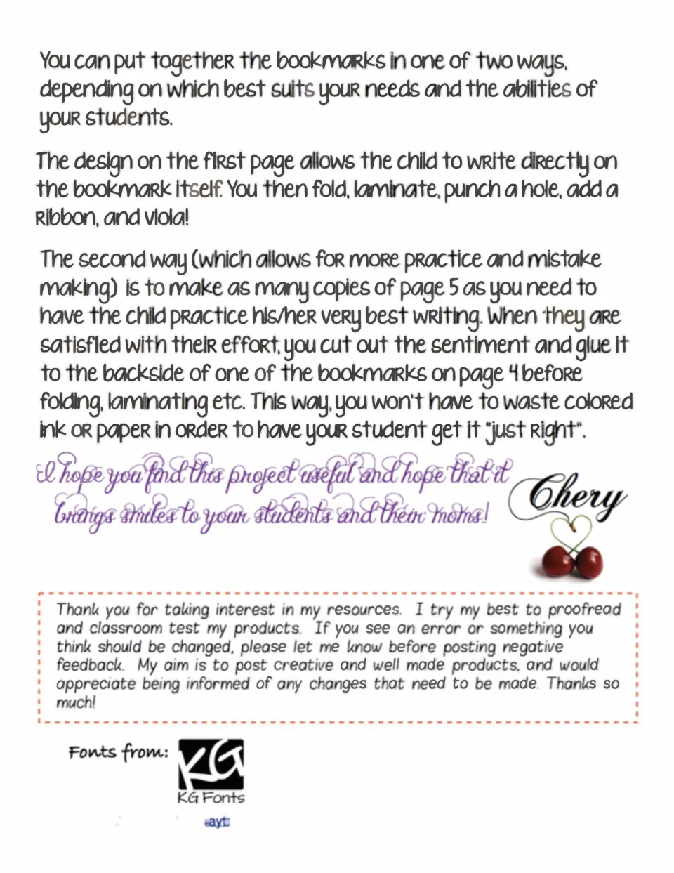 Assembly directions: two ways to make bookmarks, writing on them directly or gluing a practiced note from page 5 on back