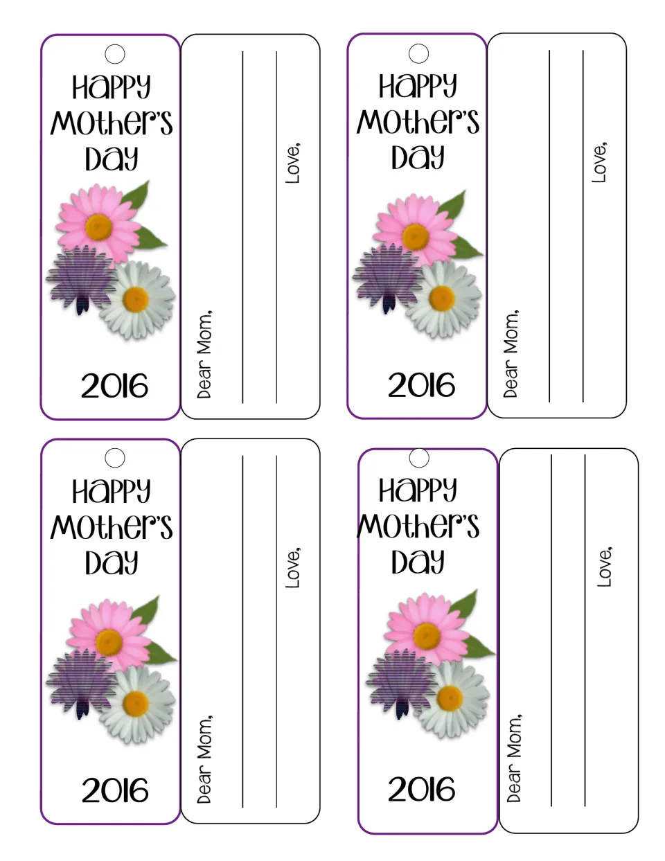 Four Happy Mother's Day 2016 bookmarks with flowers, each with a fold-over back where students write a Dear Mom note