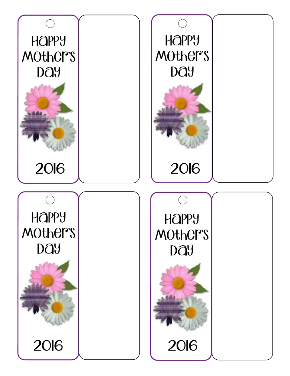 Four flowered Happy Mother's Day 2016 bookmarks with blank backs, ready for a glued-on note before folding and laminating