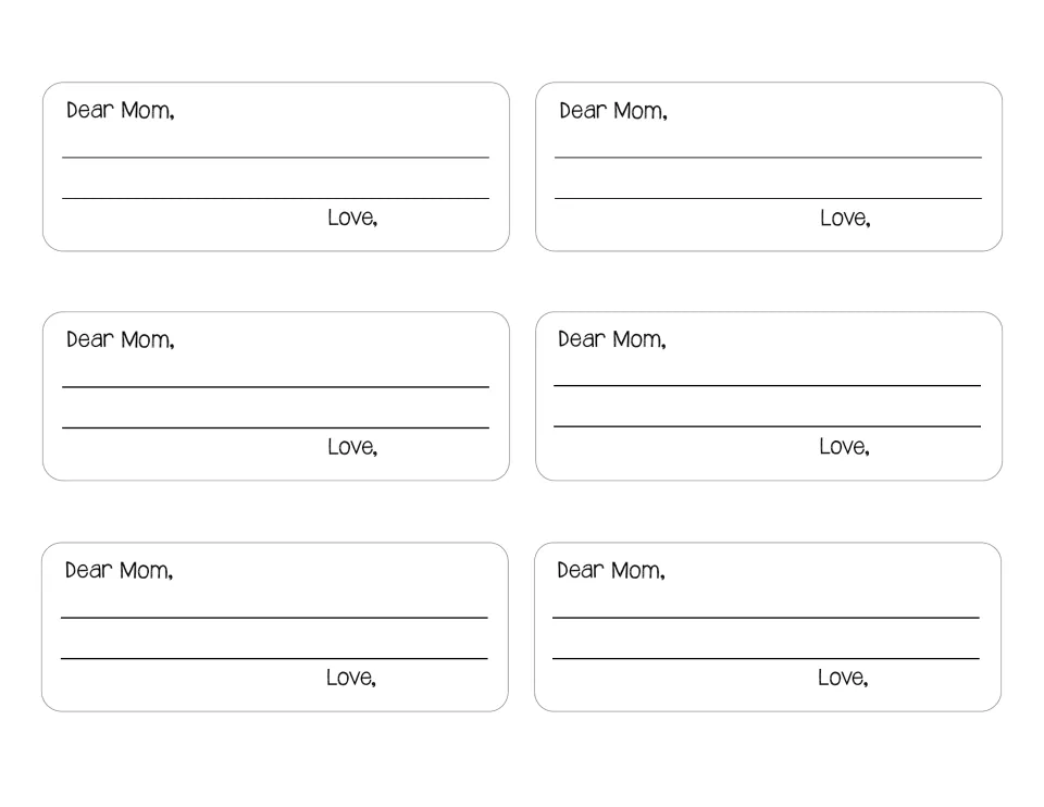 Six Dear Mom note cards signed Love, where students practice writing their message before gluing it to a bookmark