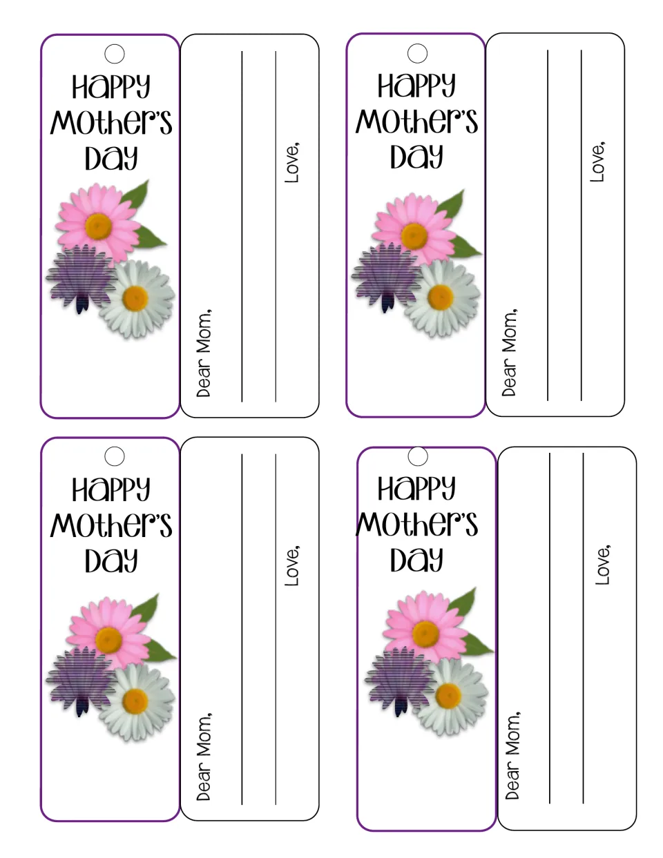 Four dateless Happy Mother's Day bookmarks with flowers and fold-over backs for a Dear Mom note and Love, signature