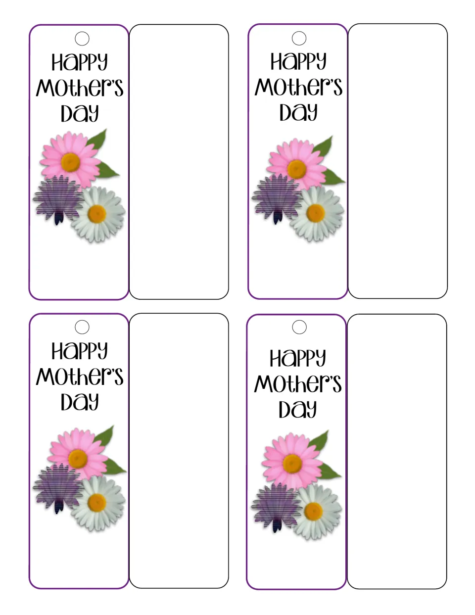 Four dateless Happy Mother's Day bookmarks with daisy art and blank backs for gluing on a student's practiced note