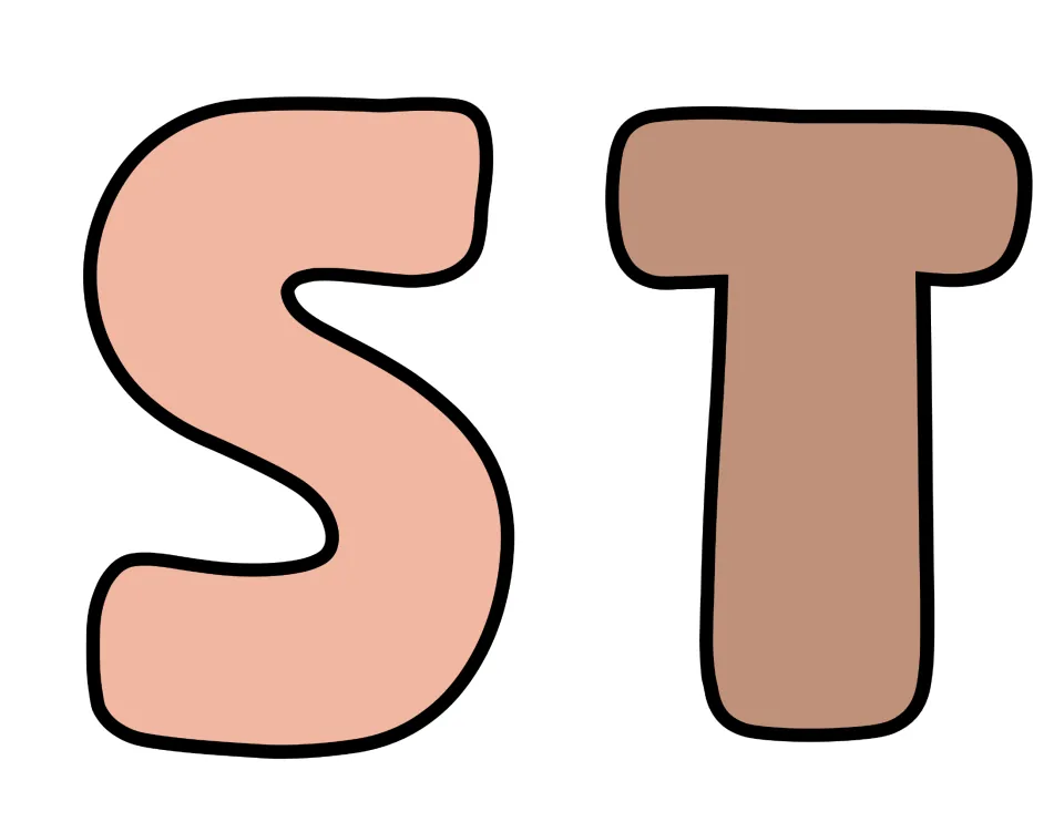 Banner letters S and T in peach and brown bubble font, a cut-out piece that finishes the word BEST for the display