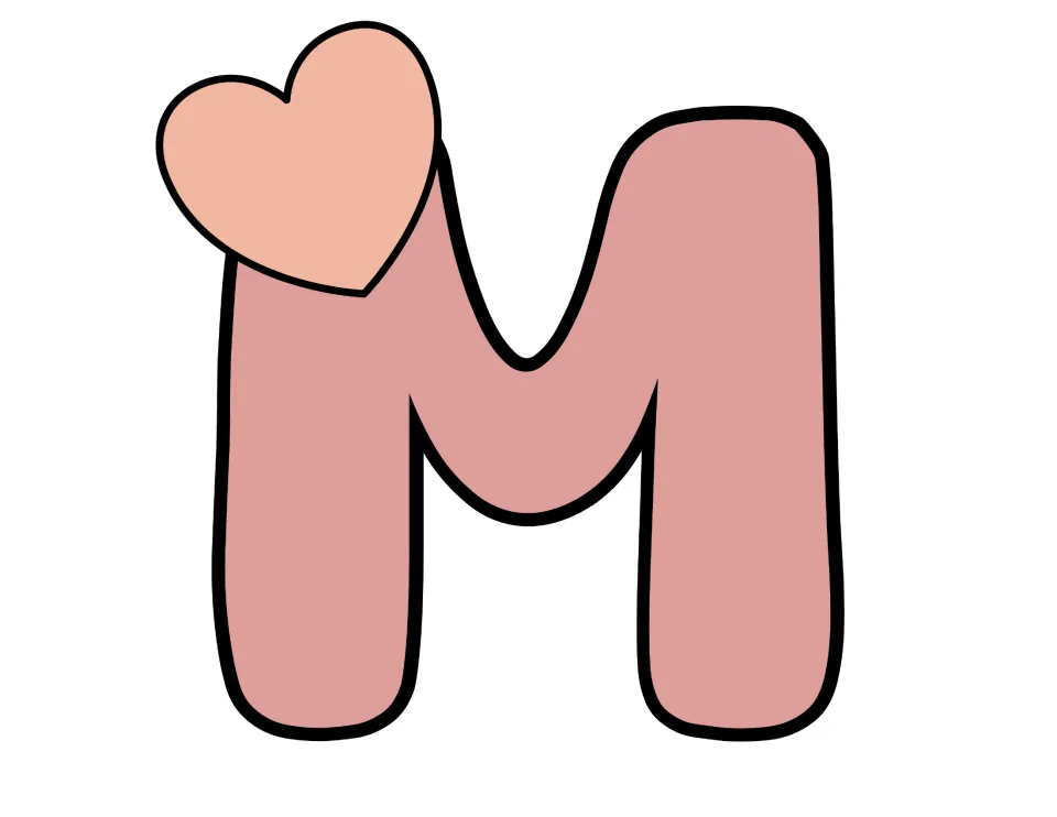 Pink bubble letter M topped with a peach heart on its left peak, a cut-out piece that opens the word MOM