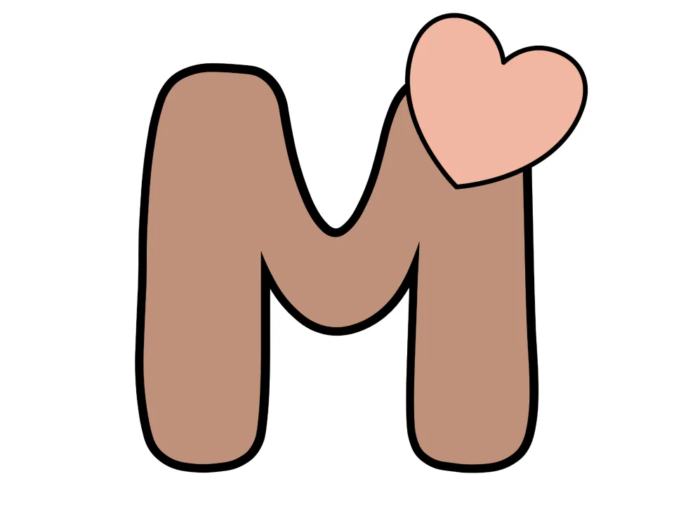 Brown bubble letter M with a peach heart on its right peak, a cut-out piece that ends the word MOM on the board