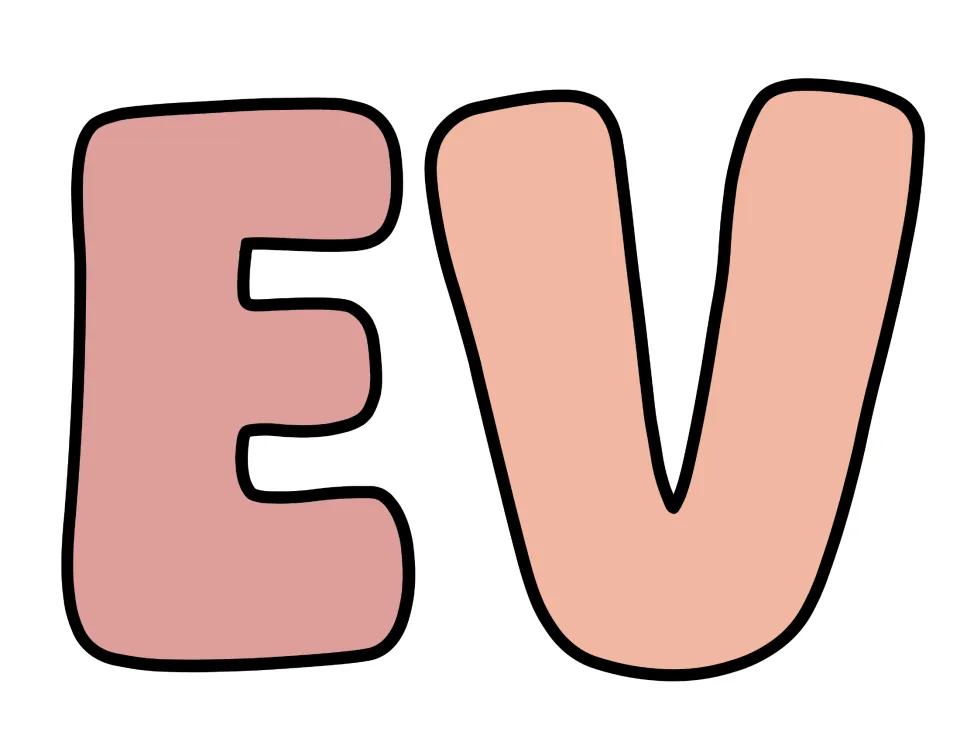 Banner letters E and V in pink and peach bubble font, a cut-out piece that begins the final word EVER