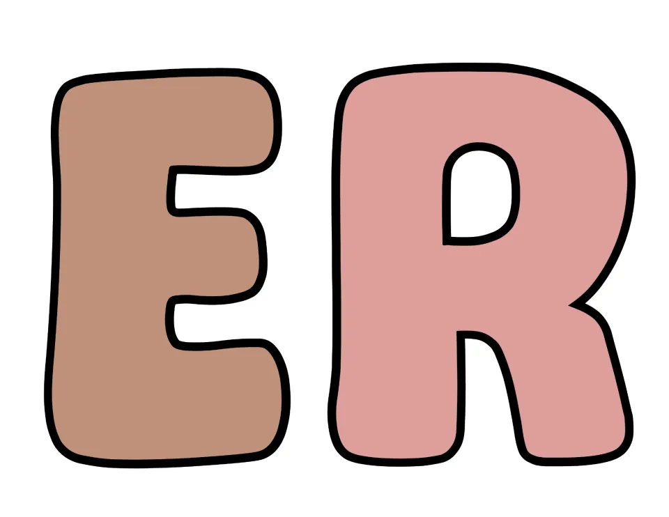 Banner letters E and R in brown and pink bubble font, a cut-out piece that completes the word EVER on the display