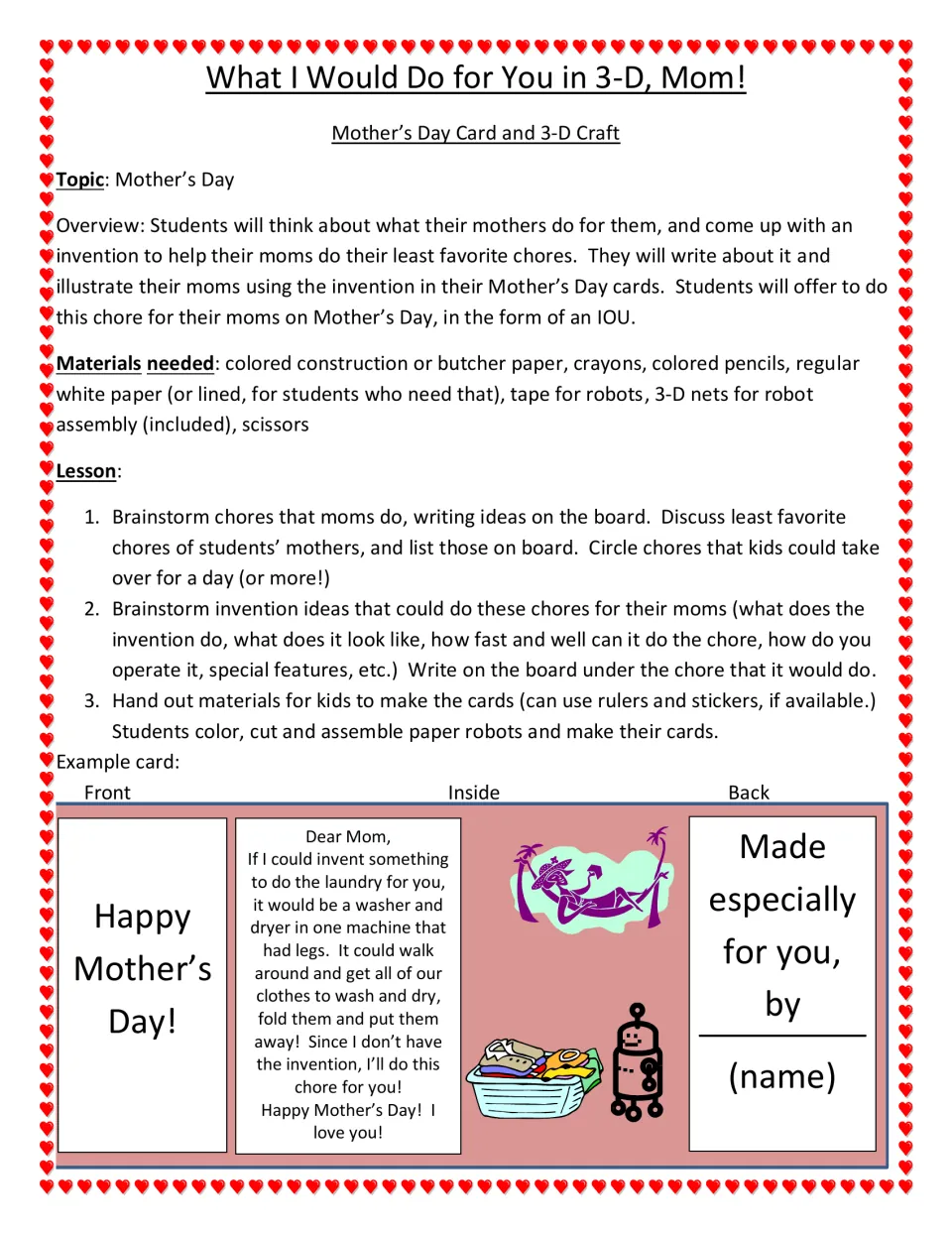 Mother's Day invention card lesson: students brainstorm chores, invent a machine to do one and write an IOU card to Mom