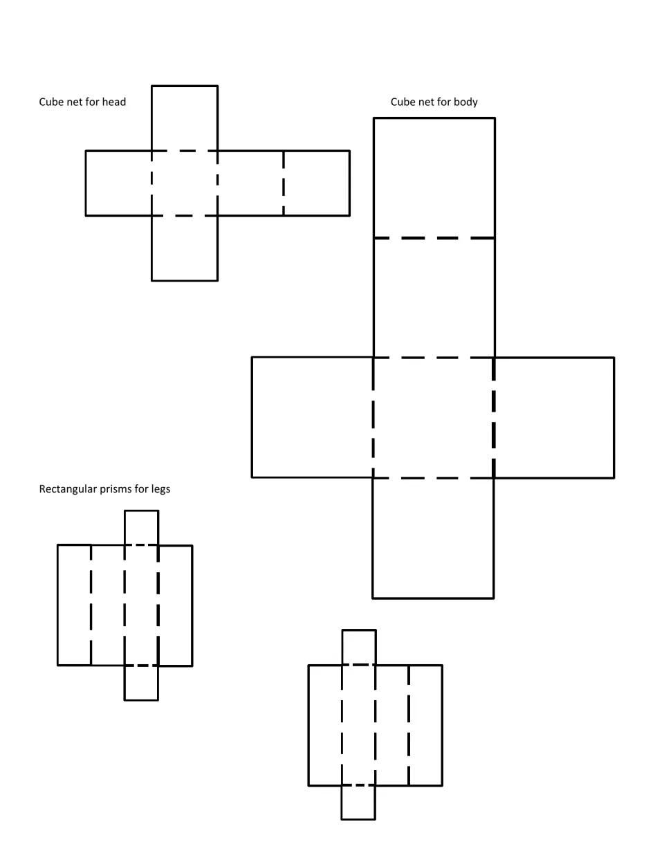Paper robot nets: students cut and fold a cube net for head, a cube net for body and two rectangular prism nets for legs