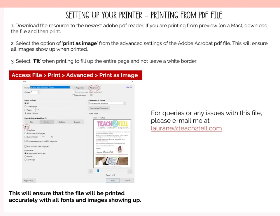 Printer setup steps: print the PDF as an image and choose Fit, shown with an Adobe print dialog and the author's email