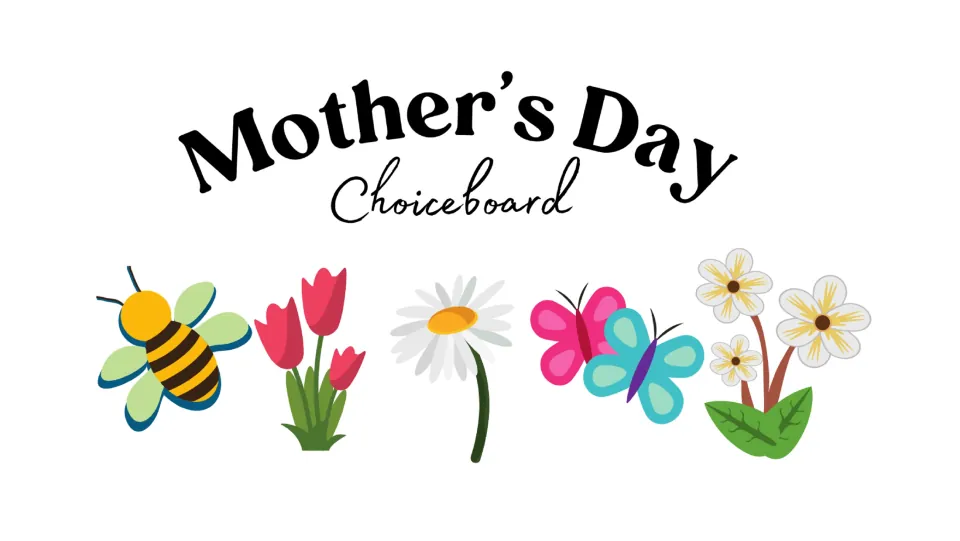 Activity choice board with five clickable graphics: a bee, tulips, a daisy, butterflies, and white flowers.
