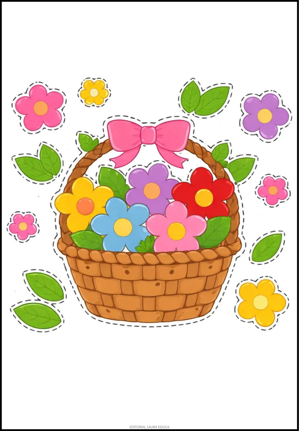 Mother's Day classroom decor cutouts: a flower-filled basket with a pink bow, plus flowers and leaves