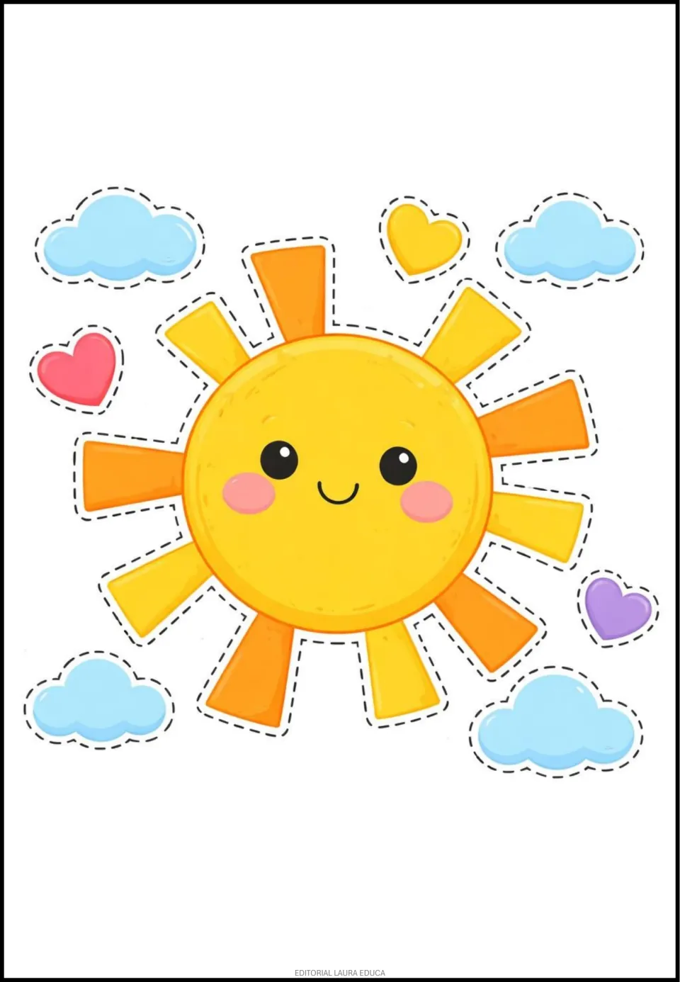 Mother's Day classroom decor cutouts: a smiling yellow sun accompanied by four blue clouds and three hearts