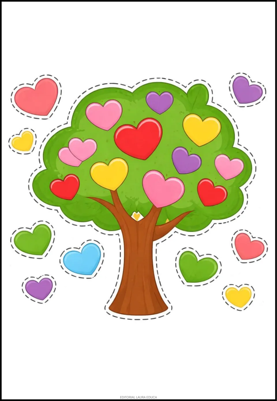 Mother's Day classroom decor cutouts: a green tree covered in colorful hearts, plus separate heart pieces